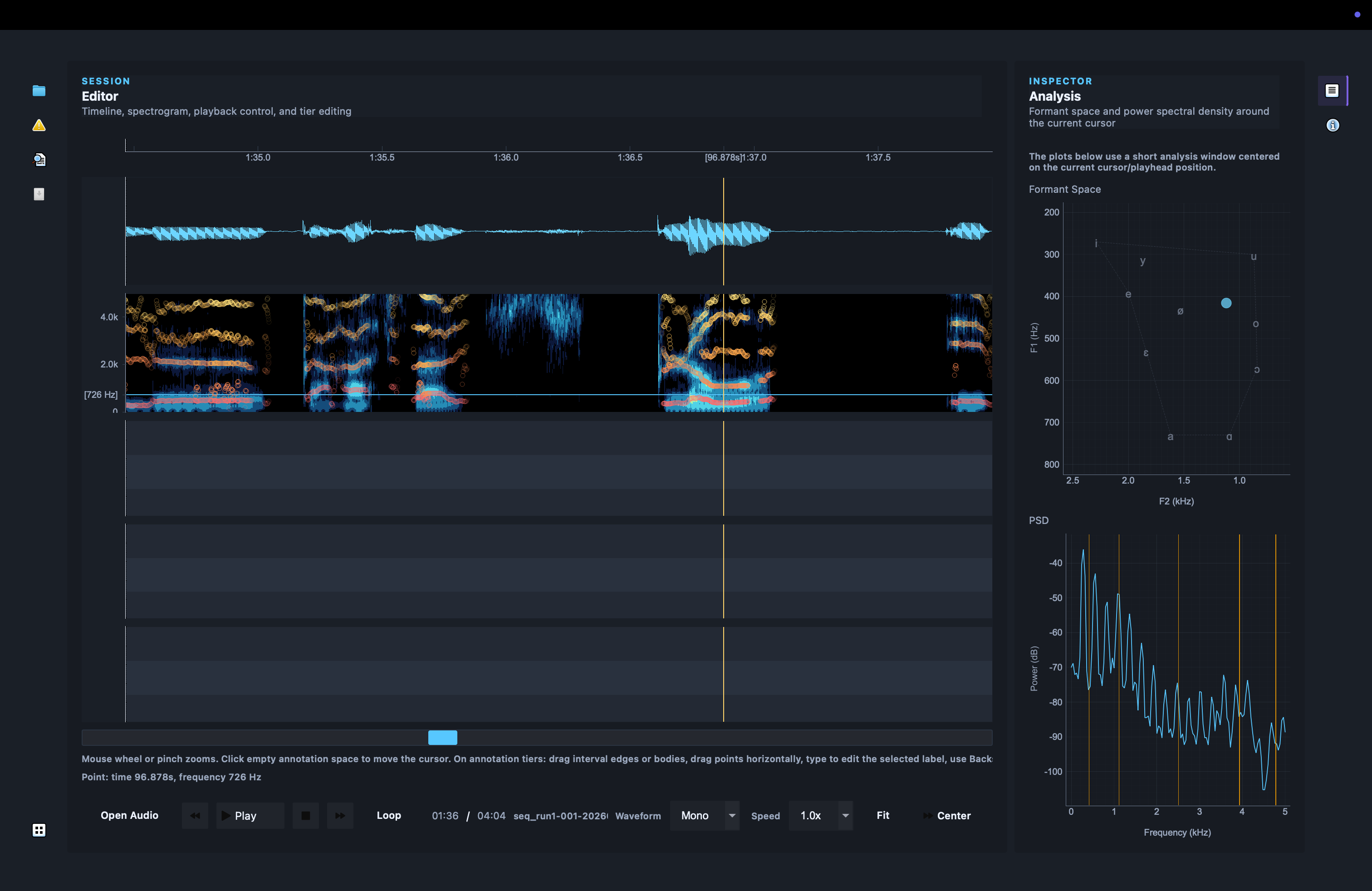 Movak desktop interface showing waveform, spectrogram, and annotation timeline editing.